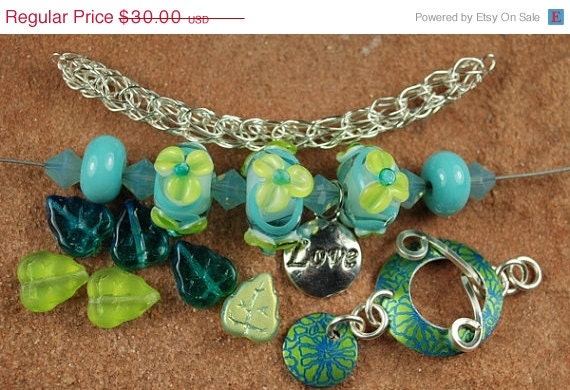 On Sale Glass Lampwork Beads, Silver Viking Knit, Metal Toggle, Peridot Aqua Flowers SRA 631 by CC Design