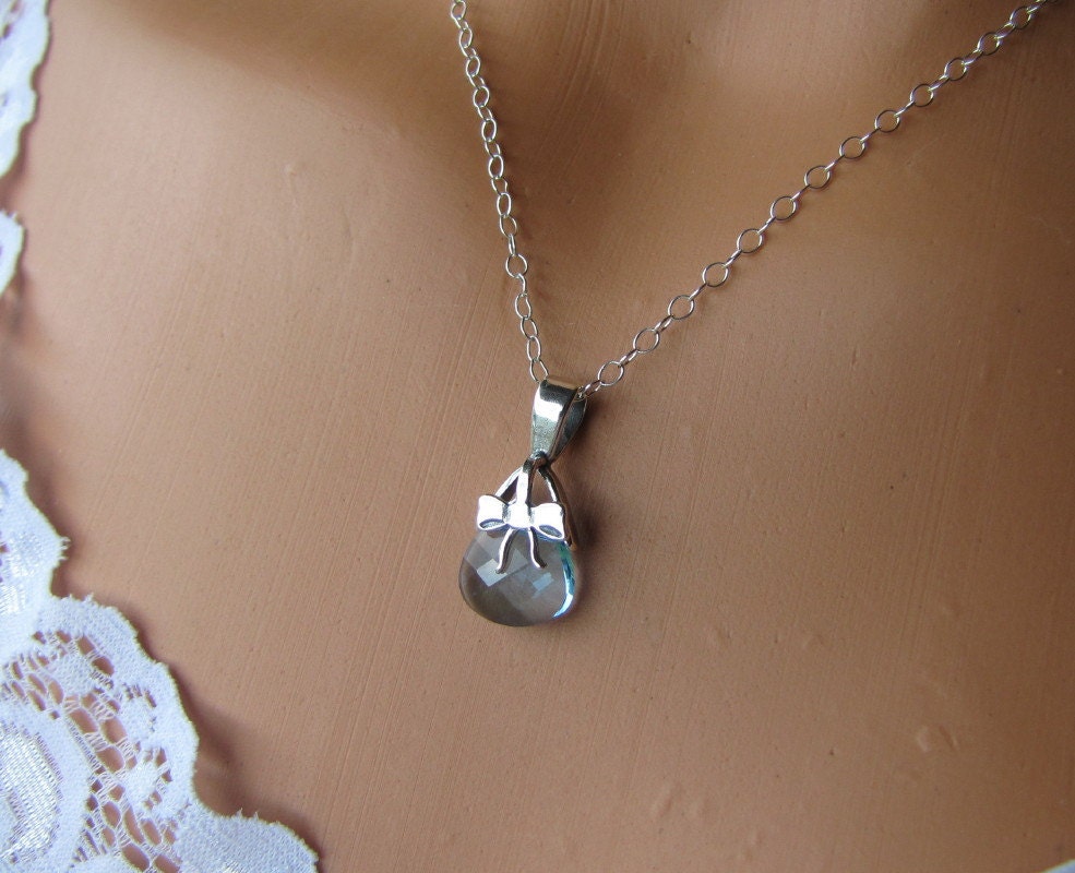 Aquamarine Crystal Necklace, Silver Bow Jewelry, Bridesmaid, Something Blue, Blue Crystal Necklace With Bow, Sterling Silver Blue