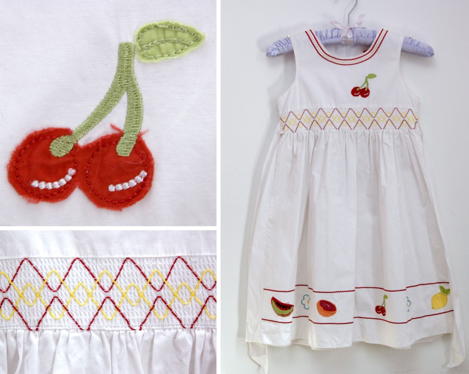 Vintage Childs Dress White Cotton Summer Fruits Shirred Applique Sun Dress Age 7-8 Years