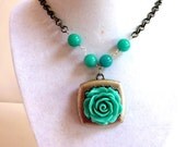 Turquoise Flower Pendant, Aqua Silver Turquoise Gemstone Beaded Necklace, Flower Pendant, Handmade  OOAK
