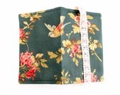 Small Notebook Cover Birds Dusty Blue Roses Bookmark Lace