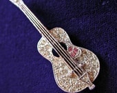 Vintage 60's Guitar Pin Brooch White Rhinestones