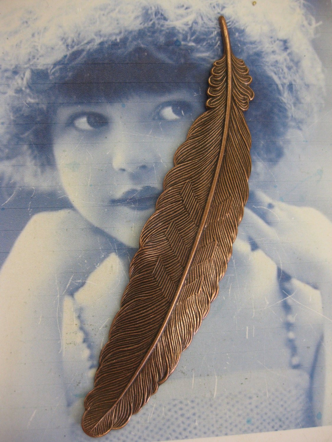 Copper Ox Plated Large Fanciful Feather Stamping 78COP  x1