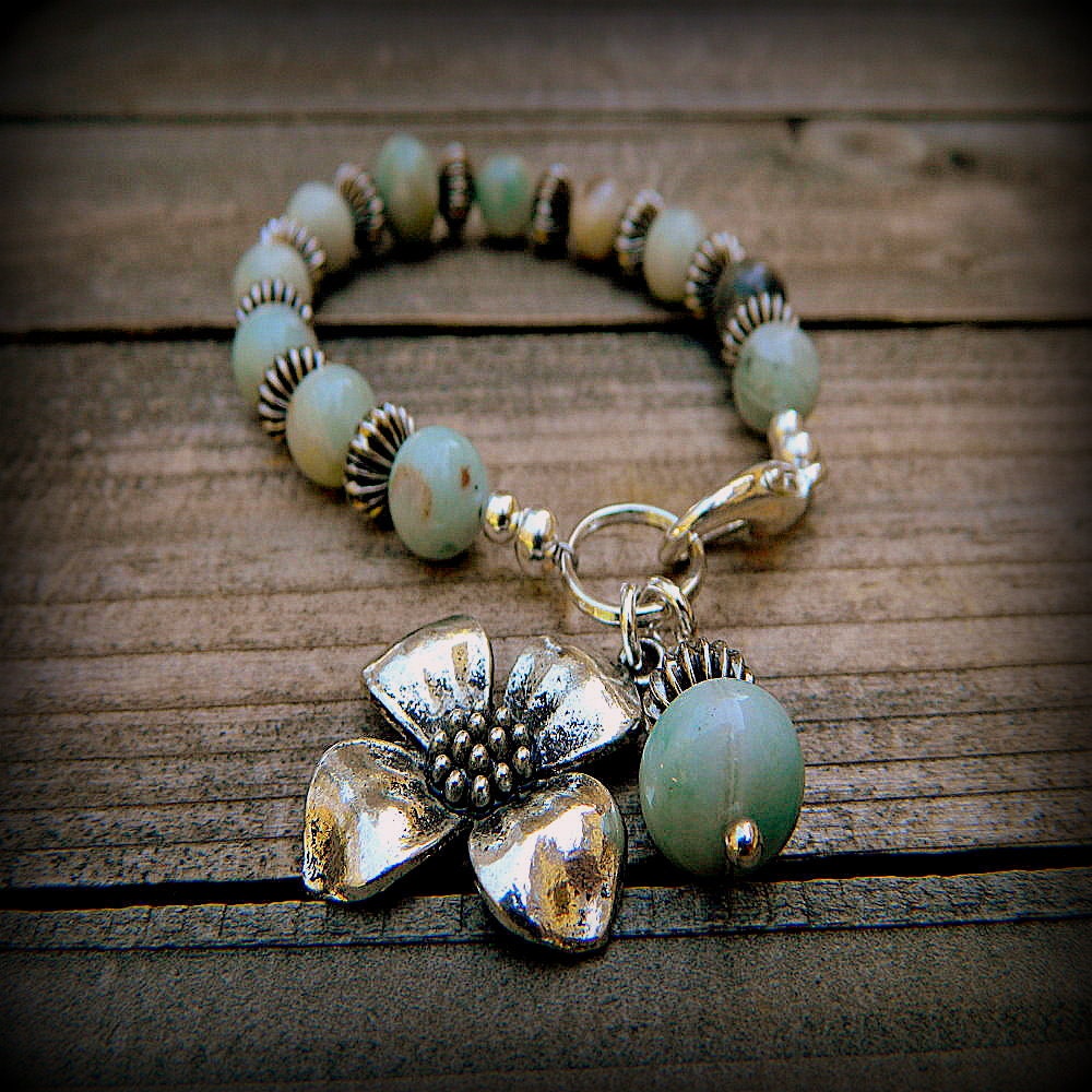 Hydrangea, Western Cowgirl Southwestern Boho Amazonite Stone & Flower Charm Bracelet