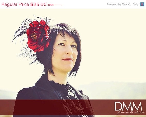 ON SALE Red fascinator, wedding, red rose, red and black, black ostrich, gifts for her, bridal, Wedding Rose, Wedding party, rose, rose cli