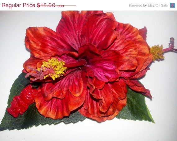 ON SALE Hibiscus, Red, Red Hibsicus, Flower, Flower clip, Orange Flower, Tiki, pin up, Burlesque, Tropical flower, Wedding, READY To Ship