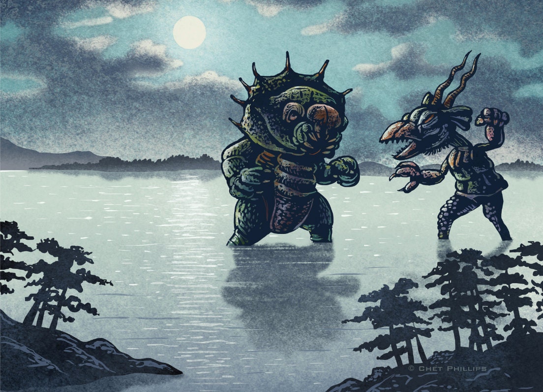 Kaiju Moonlight Battle- 11 x14 signed print- Japanese monsters