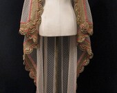 Peach Swiss Dot Waltz Length Mantilla Veil With Gold and Pink Lace - One Of A Kind