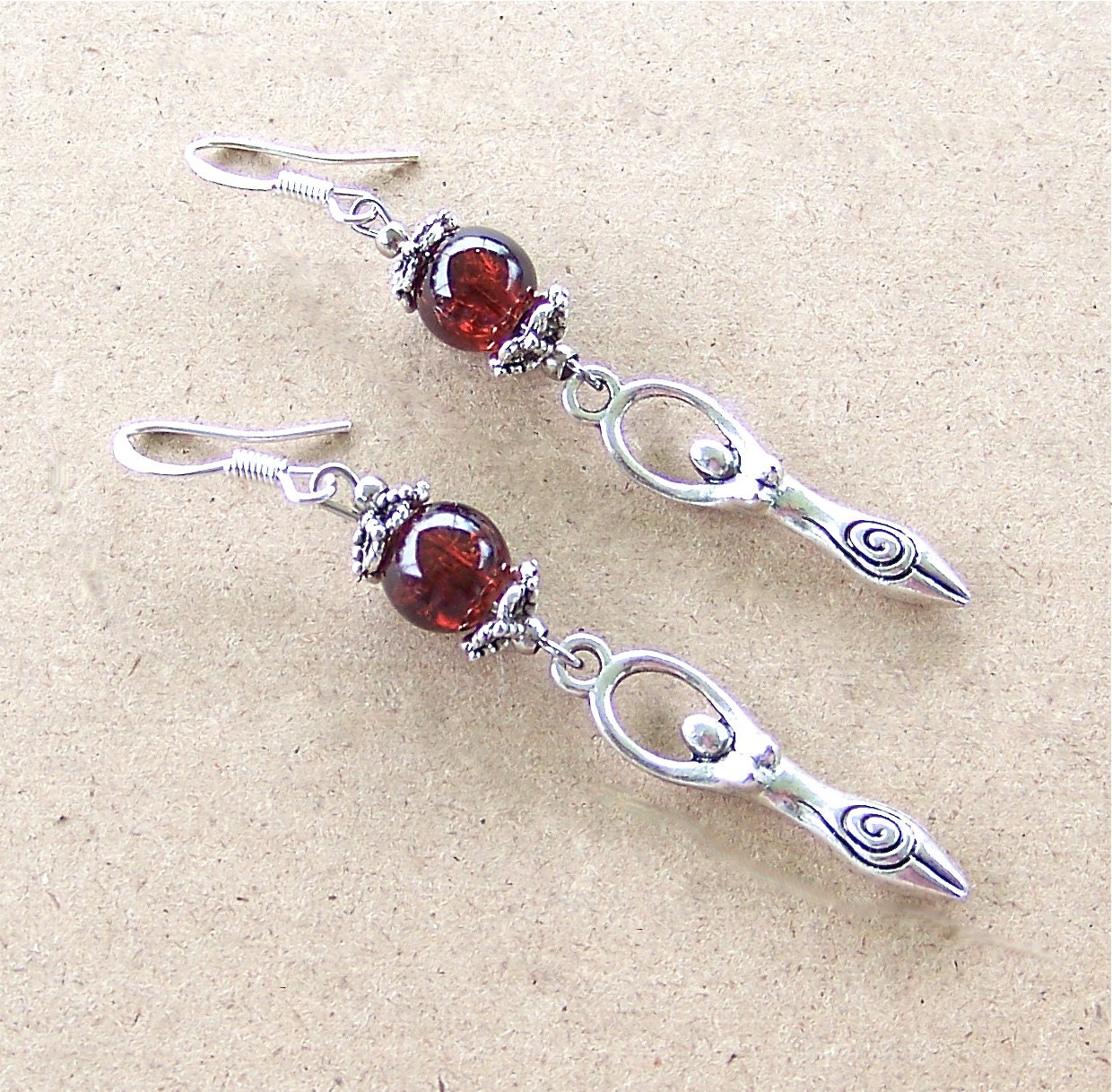 Goddess and Amber Gemstone Bead Earrings 925 Silver Earwires Pagan Wiccan