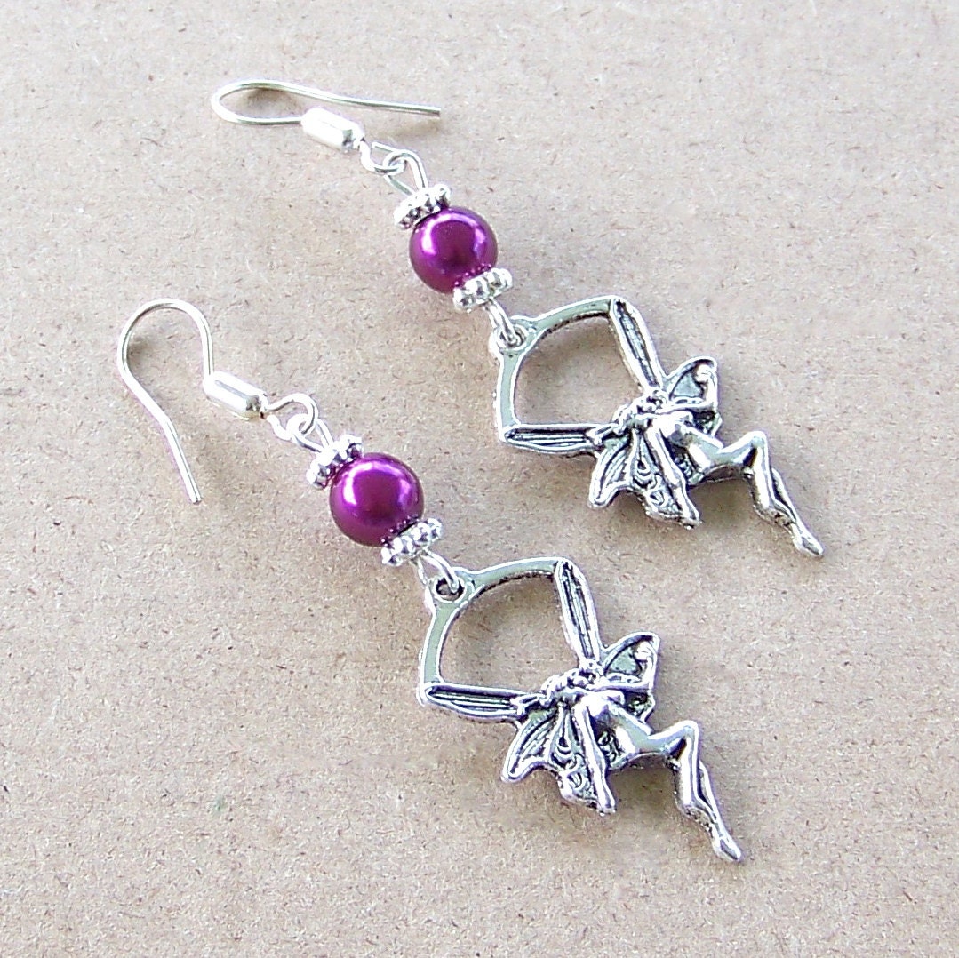 Art Nouveau Silver Fairy Sprite Earrings Purple Pearl Beads