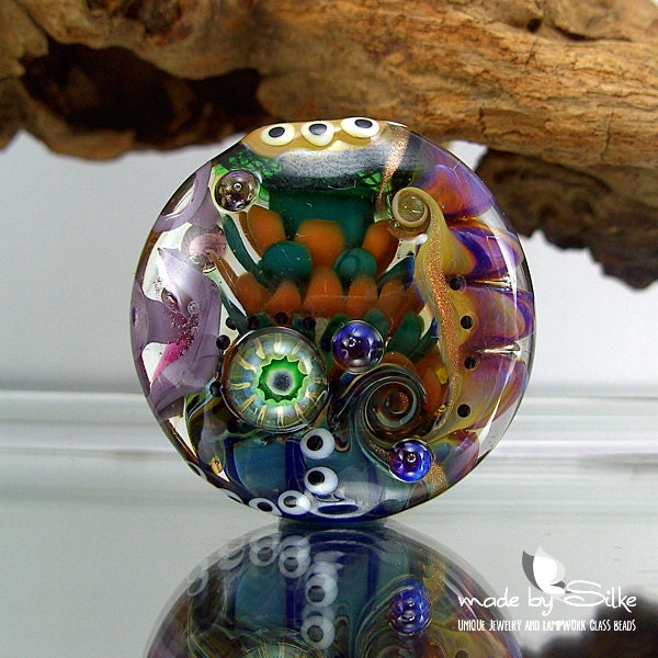 1 handmade lampwork bead focal -- lentil -- SRA -- glass -- S t o r m y   D a y  -- Calypsos Beads -- Silke Buechler