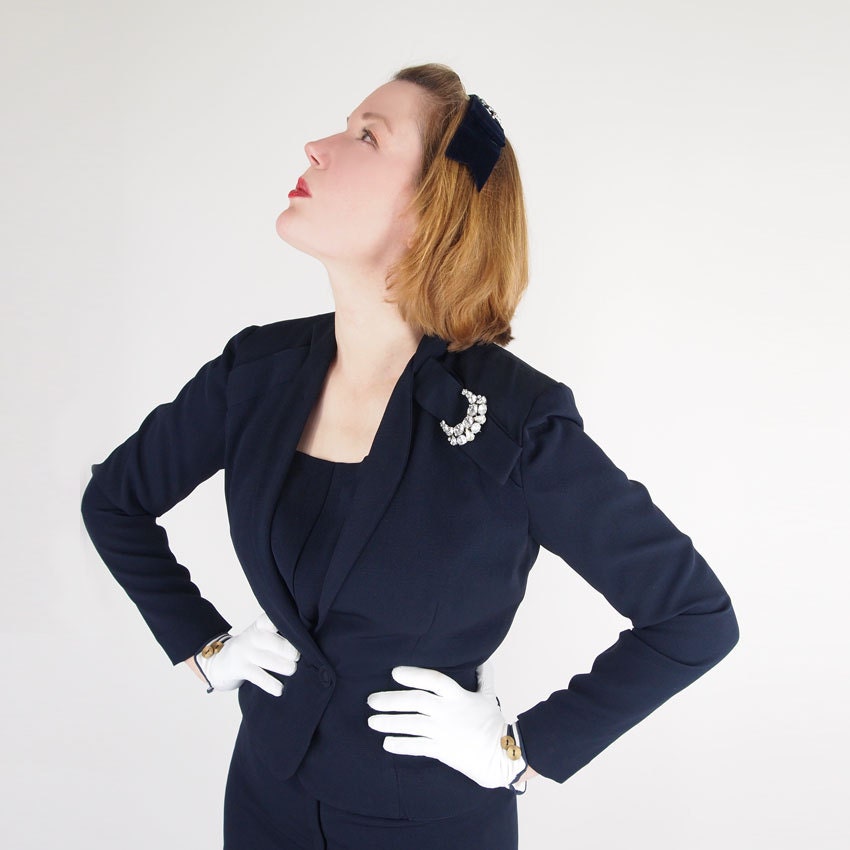 1950s Eisenberg Originals Navy Dress & Jacket with Large Crystal Crescent S M