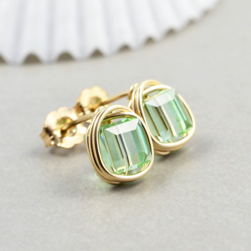 Mint Green Studs, Square Crystal Posts, Light Green Earrings, Swarovski Crystal Earrings