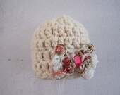 Crochet Baby Hat, Baby Girl Hat, Baby Beanie, Crochet Hat, Newborn Beanie, Infant Girl Hat, Photography Prop Hat, Floral Bow, Ivory