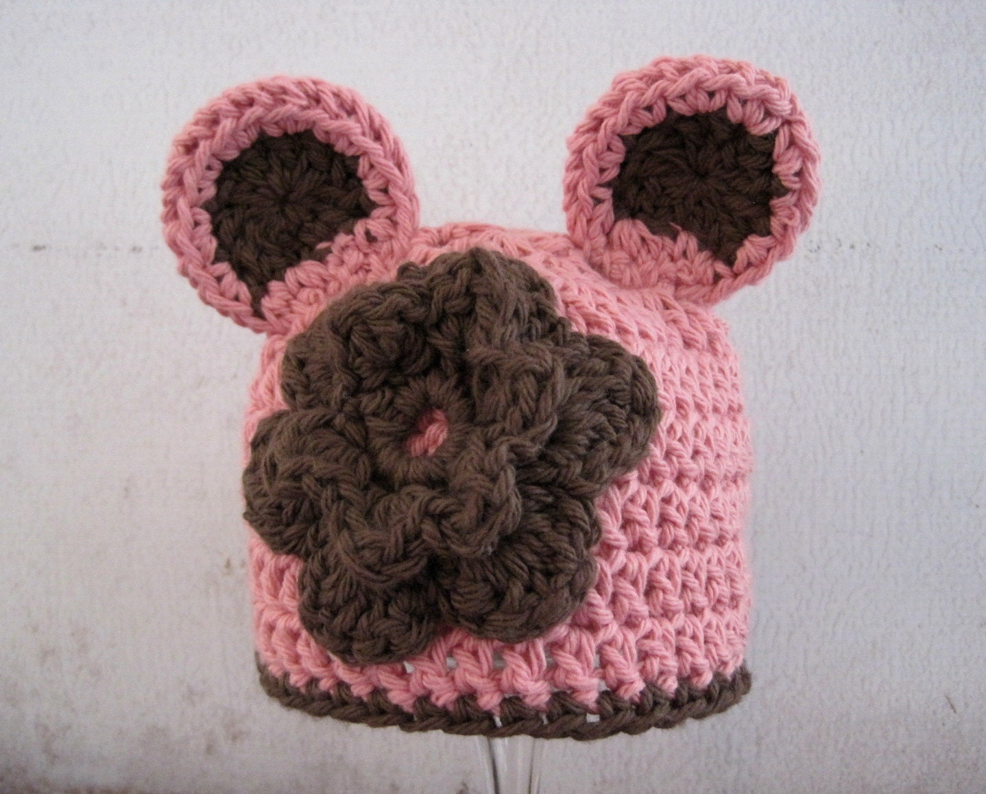 Crochet Baby Hat, Baby Girl Hat, Baby Bear Hat, Baby Animal Hat, Newborn Hat, Infant Girl Hat, Baby Beanie, Photo Prop, Pink, Brown