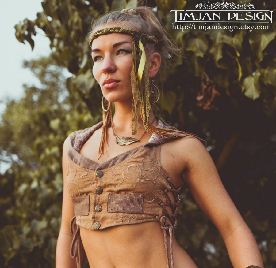 HOODIE LOTUS VEST - Cropped Waist coat - Fair trade Hippie Faery Fairy Pixie - Golden Brown cinnamon - Size M/Lg: Lv-B-2