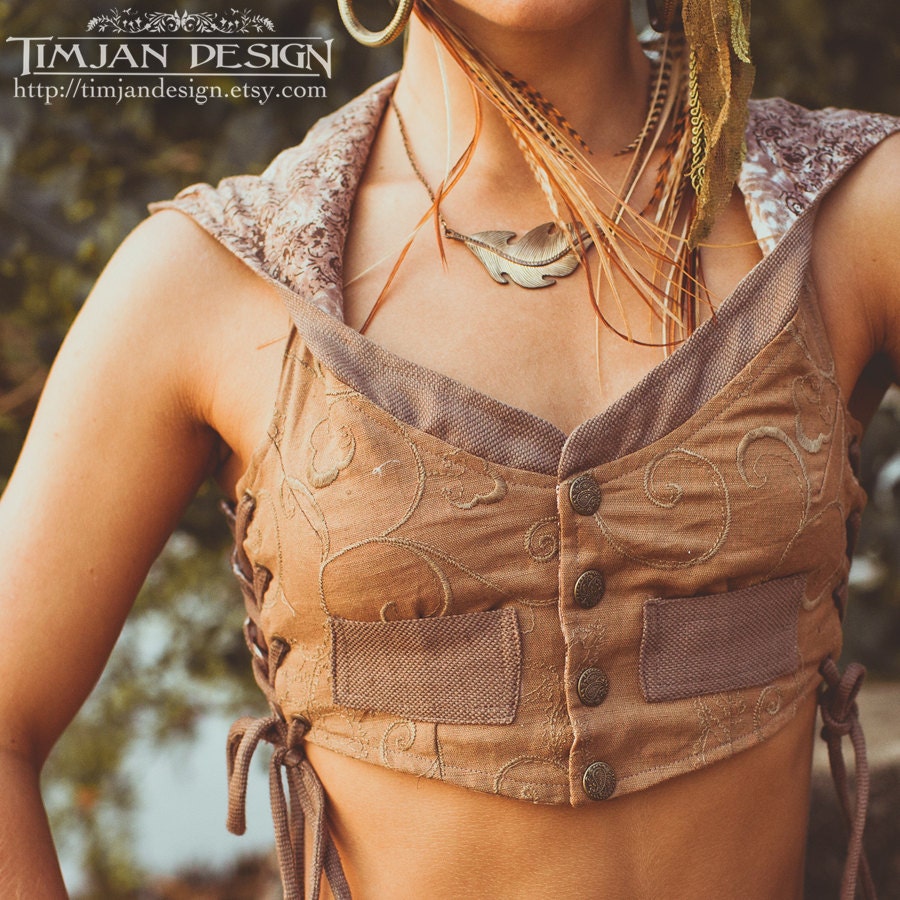 HOODIE LOTUS VEST - Cropped Waist coat - Fair trade Hippie Faery Fairy Pixie - Golden Brown cinnamon - Size xs/s: Lv-B-1