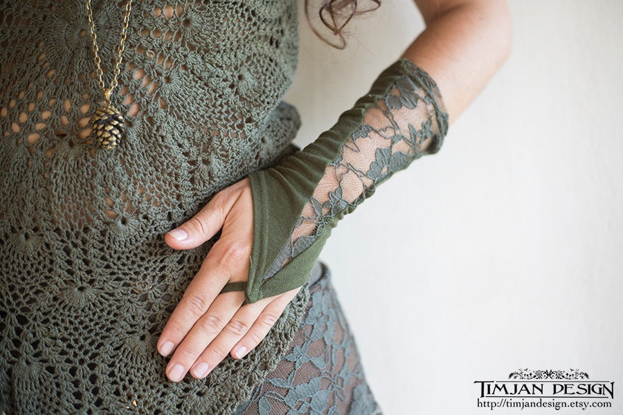 ORGANIC LACE CUFFS - Gloves Arm Wrist warmers - Faery Faery Fairy Pixie - Olive forest green: C-g
