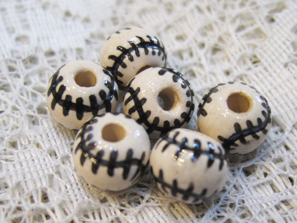 6 Tiny Peruvian Ceramic Baseball Beads Black and White 9mm