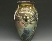 Large Golden Glossy Dragonfly Raku Vase