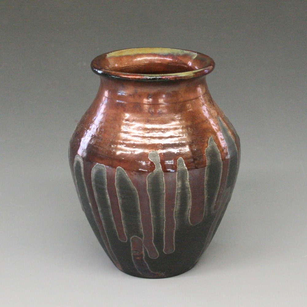 Black and Copper Drip Raku Pot