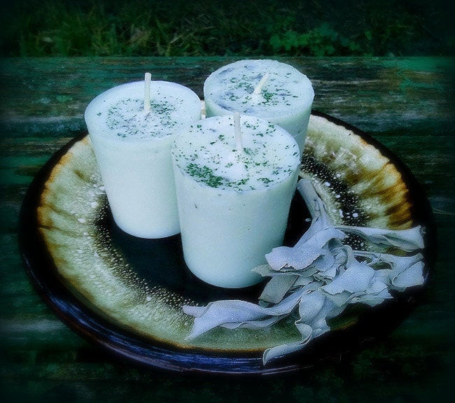 Votive Candle Set of Three-Organic Soy-Cucumber, Rosemary, Sage-Garden Grown Dried Herbs-Spring Cleansing-Kitchen-Bath-Garden-Mother's Day