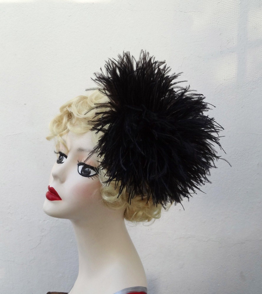 Hair Accessory, Feather Fascinator, Black Ostrich Poof,  Feather Puff, Unique Bridal, Hair Clip , Halloween Costume, Batcakes Couture