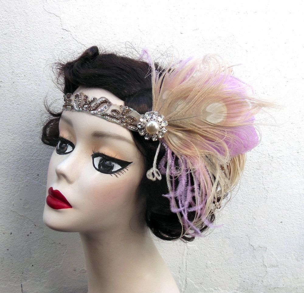 Pearl and Crystal Flapper Headband, Ivory Peacock Feather Headband, Silver, Costume Head Piece, Great Gatsby