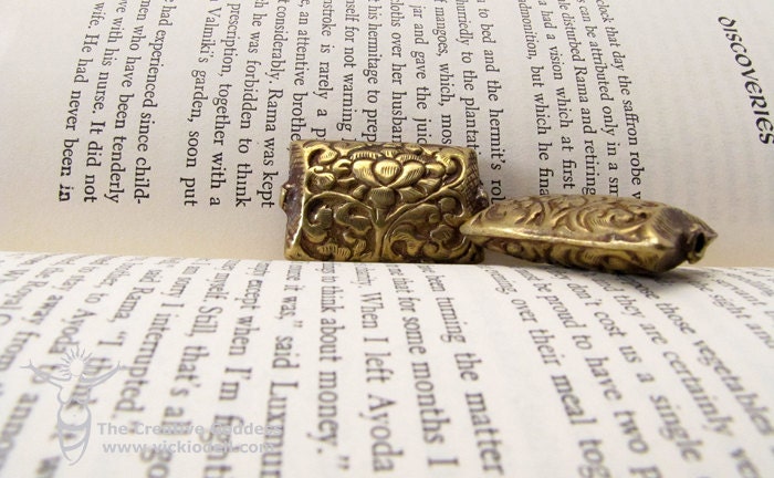Tibetan Buddhist Lotus Rectangle Hand Carved Brass Artisan Bead
