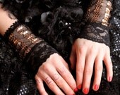 Armwarmers,  Black and Copper Lace, Fusion, Gauntlet, Stripes, Goth, Fetish, Vampire, Black, Vaudeville, Cabaret, Arm Warmers