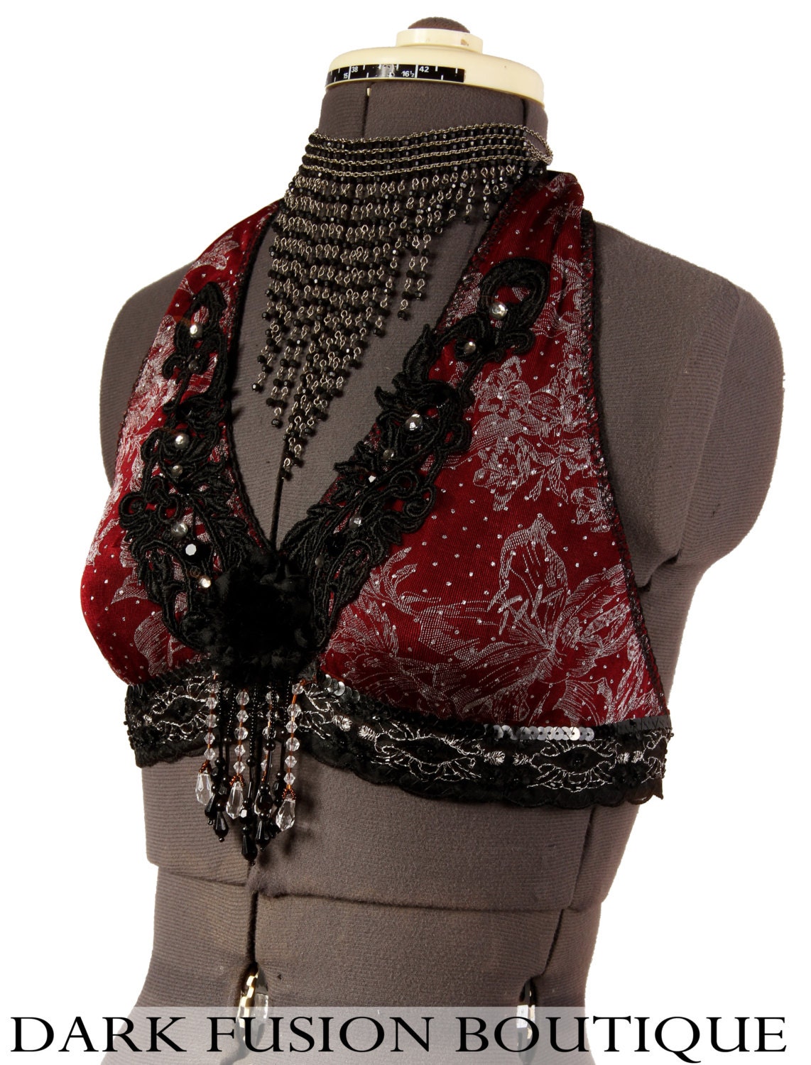 Halter, B Cup,  Black and Dark Red, Maroon, Noir, Bellydance, Costume, Tribal, Fusion, Kuchi, Bra, Gothic,