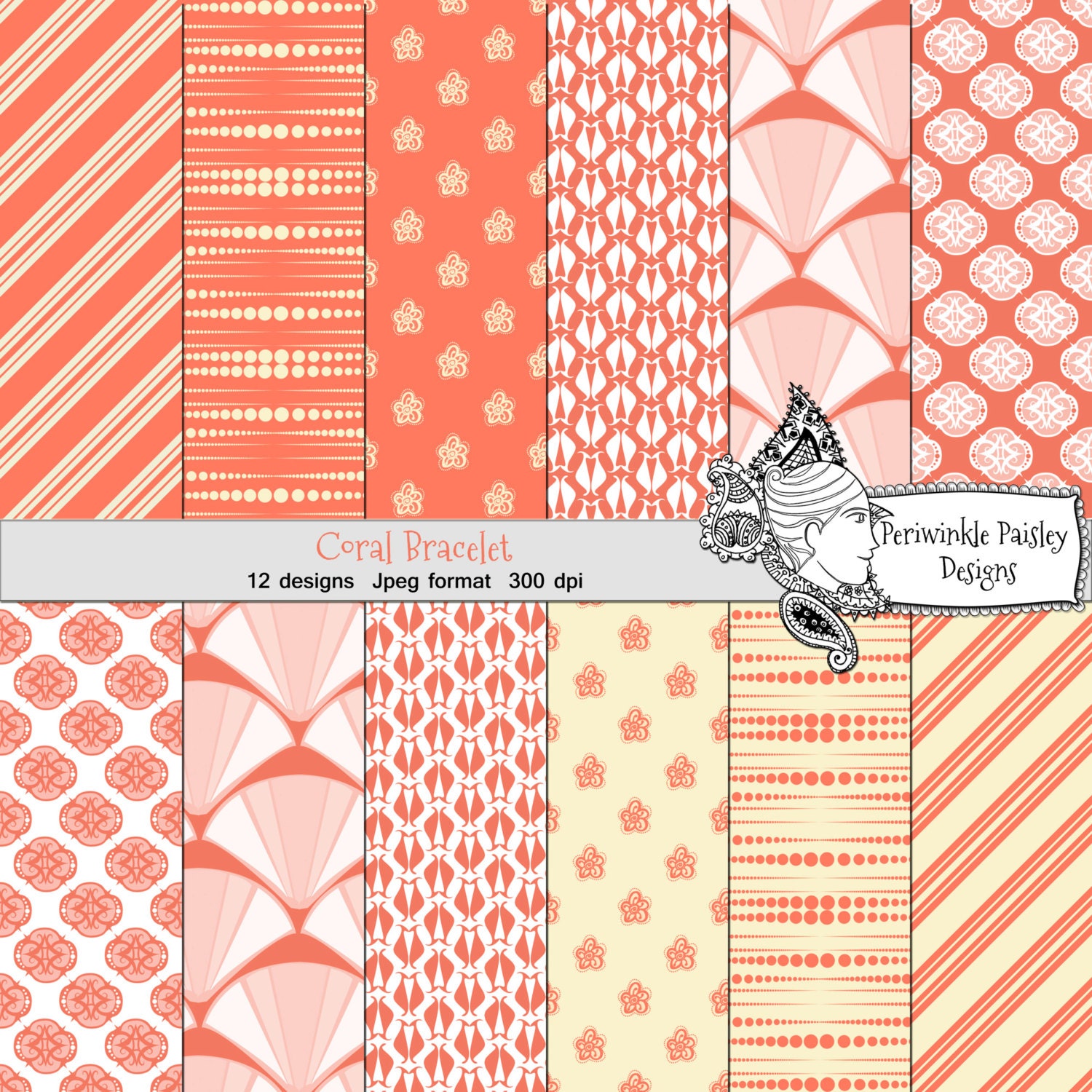 Scrapbooking Papers Coral and White Digital Download