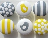 Hand Painted Knobs - Dresser Drawer - Gray and Yellow Stripes - Polka Dots - Birds - Drawer Pulls