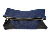 Genuine leather and denim oversized fold clutch