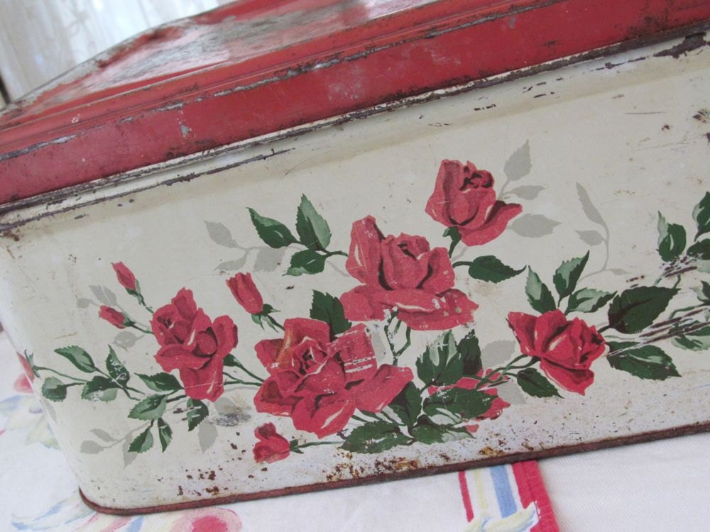 Vintage Metal Bread Box Organizer - Shabby Red Roses Farmhouse Cottage