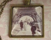 1900s Eiffel Tower Glass & Brass Pendant Necklace