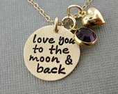 Love you to the moon and back necklace - Gold Filled necklace with a Heart charm and a Birthstone - Keepsake (NN059)