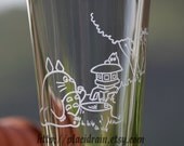 Totoro Drinking Tea Hand Engraved Fanart (16 oz.)  -- Heat Treated Pint glass --