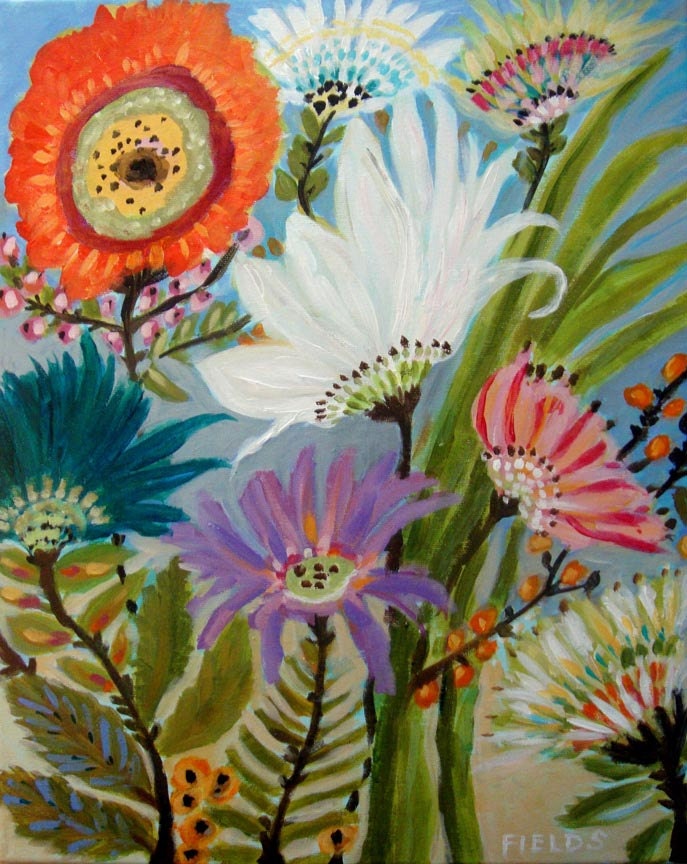 Impressionist Original Floral Large blues pinks greens white flowers Abstract Painting 16 x 20 by Karen Fields