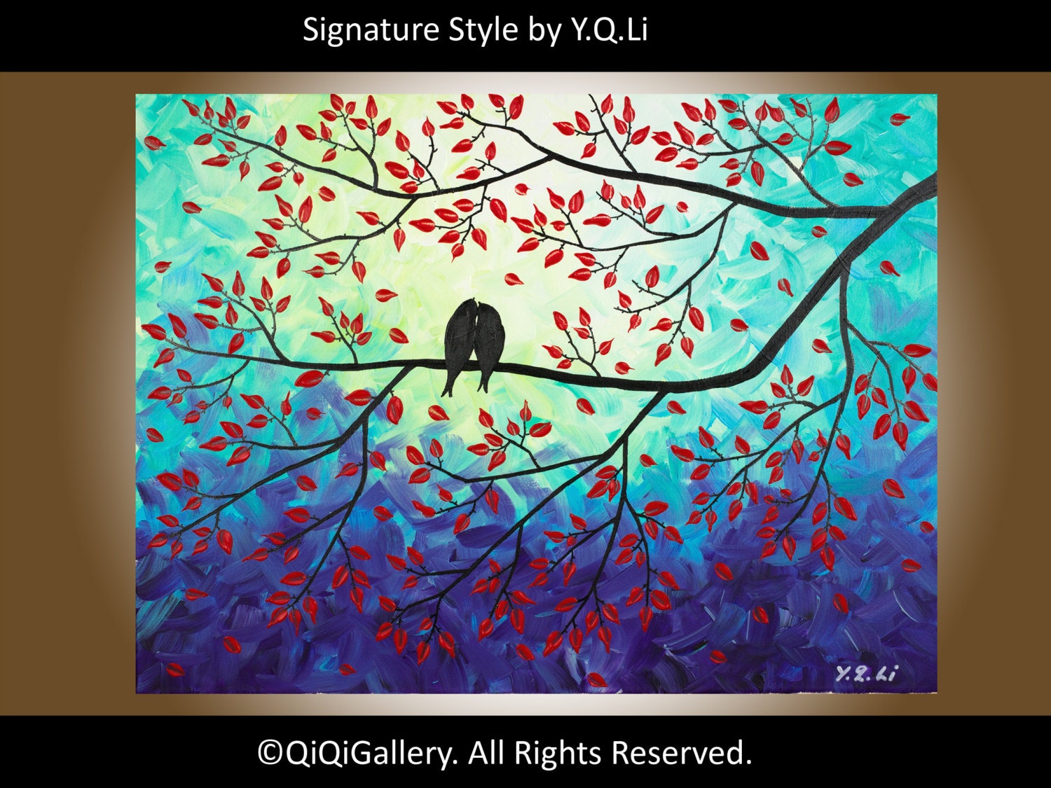 Abstract Landscape Painting Original Modern Heavy Texture Impasto Tree Wall Décor "Love Birds on Branches" by QIQIGALLERY