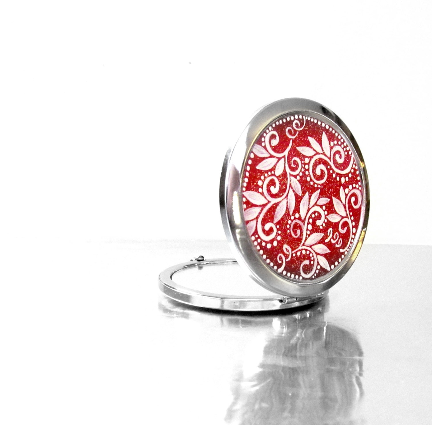 Red and White: Hand painted Compact Mirror