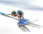 Wedding CAKE FORKS, Decorated Mr and Mrs Forks Flower Filigree Copper Teal Swarovski Crystal Topaz Table Settings