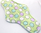 HEAVY Flow Extra Long Cloth Menstrual pad with fleece backing and wings - Giant Polka Dots - Cotton flannel top