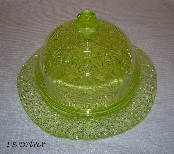 Vintage Mosser Canary Vaseline Glass Lidded Butter Dish in by LBDK