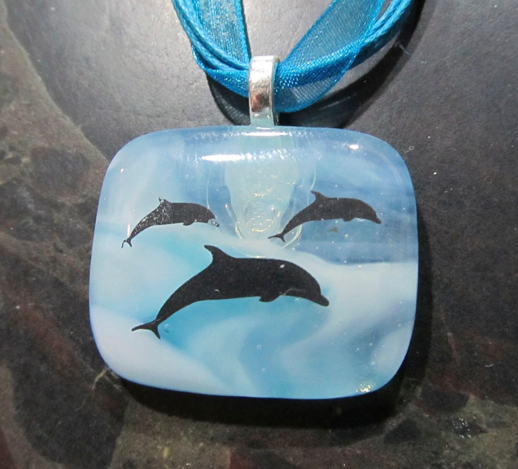 Fused Glass Pendant with ribbon necklace: Dolphin Dance