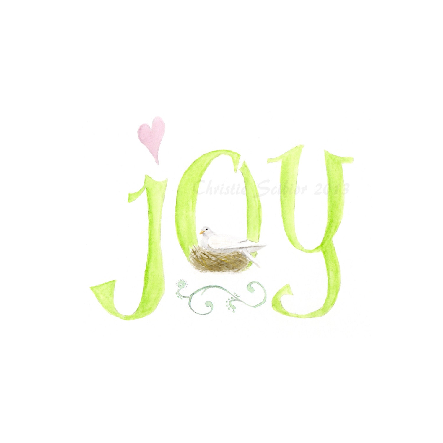 8x10 Archival Art PRINT of Watercolor painting shabby chic Joy Dove bird typography sign hand lettered