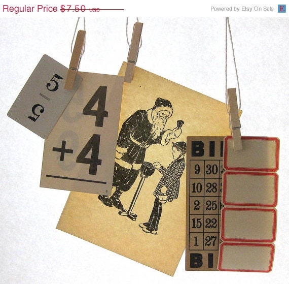 Pickers Sale. Vintage Childrens Inspiration Ephemera, Santa Claus Book Print, Dennison Labels, Numbers