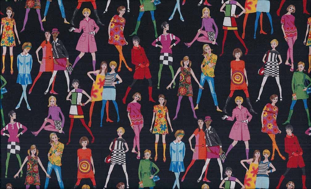 MODELS Retro Swinging 60's Mod Black Multi Fashion Girls - Cotton Quilt Fabric - by the Yard