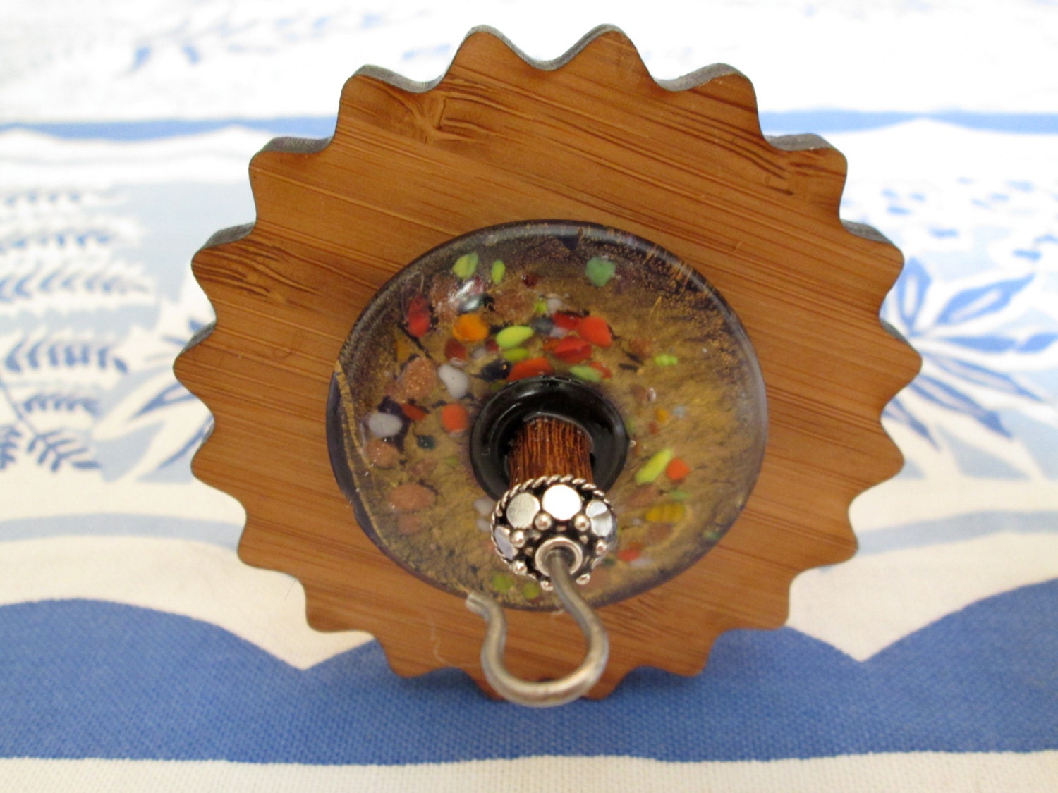 Drop Spindle with Blue and Gold Speckled Glass, 1.75 oz / 49 grams