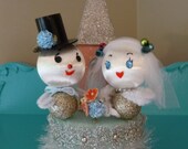 OOAK Winter Wedding Satin Ball Snowmen Cake Topper Keepsake